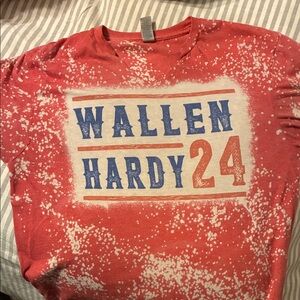Red Morgan Wallen T-Shirt with Blue and White Printed: “WALLEN - HARDY ‘24” logo